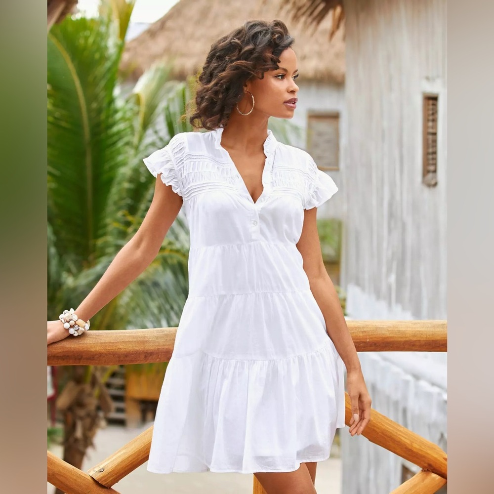 Boston Proper White Tiered Flutter Sleeve Cottagecore Shift Dress